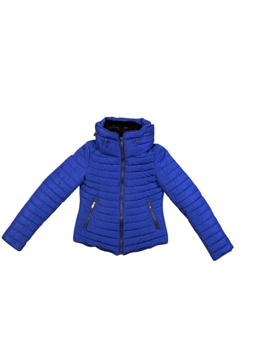 Zara Basic Womens Blue Quilted Winter Puffer Jacket W/ Zippered Pockets Size S